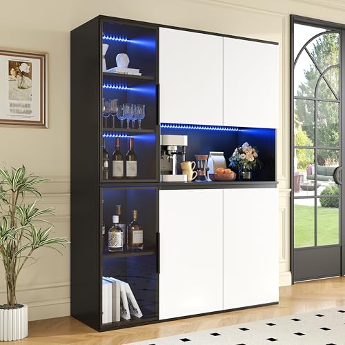 Ktipm Aparador Armario Cocina Vitrina con Luz LED y Almacenaje, Mueble Auxiliar de Cocina con 2 Puertas de Cristal y Estante, Aparadores para Comedor Salón Despacho, 120x40x160 cm, Negro+Blanco