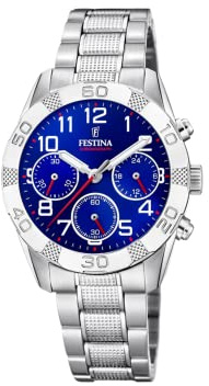 Festina Kinderuhr Analog Jungen Mädchen Edelstahl 316L Silber - Quarz Chronograph - Mineralglas robust - 5 ATM wasserdicht F20345/2 - Junior Collection