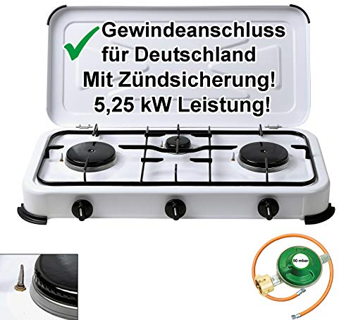 Camping Gas-Kocher 3-flammig mit Zündsicherung 50 mbar Weiss mit Gasschlauch 100cm und Gasdruckregler 50mbar