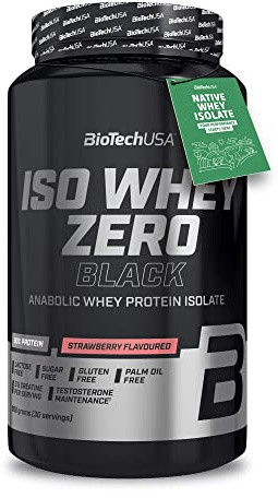 BioTechUSA Iso Whey Zero Black - Proteína Premium con Creatina, Zinc, Vitamina B3 y Aminoácidos | 90% Proteína | Sin Azúcar, Sin Lactosa, Sin Gluten, 908 g, Fresa