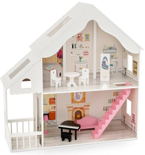 COSTWAY Kids Dolls House, Large Dollhouse with Furniture Accessories, Ladder and Skylights, DIY Pretend Doll House Playset Gift for Children, 81 x 30 x 86 cm