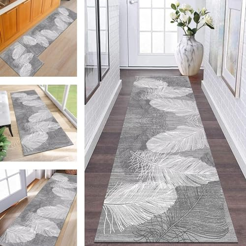 Teppich Läufer Flur Küche Waschbar rutschfest Korridor Teppichmatten 70X400CM Grau Weiß Schwarz Lang Küchenteppich boho Flurteppich Schlafzimmer Esszimmer Polyester Teppichläufer Meterware Anpassbar