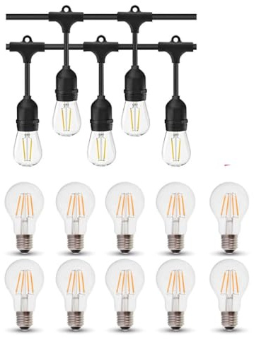 Generico Catenaria luminosa catena di luci E27 10 metri con 10 portalampada E27 prolungabile Bianca Nera lampade 4W filamento incluse 2700k calda vetro (nero)