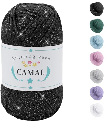 CAMAL Métallique Fil Coton pour Crochet 100g / 140m Fil De Coton Pailleté Doux Scintillant Coton a Crocheter, Fil à Tricoter pour Sac, Artisanat, Décoration Intérieure (Argent noir)