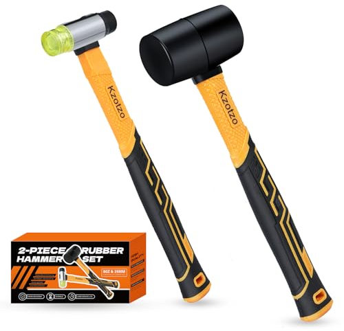 2-Piece Rubber Mallet Hammer Set, 8oz Rubber Hammer Mallet & 25mm Double-Faced Soft Mallet, Shockproof Fiberglass Handle with Cushion Grip, Damage-Free to Floor, Tile, Crafts