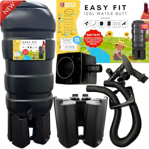 100L Strong Traditional Black Barrel Design Water Butt Rain Water Collector Including Lid, Tap, Stand & Filler Kit
