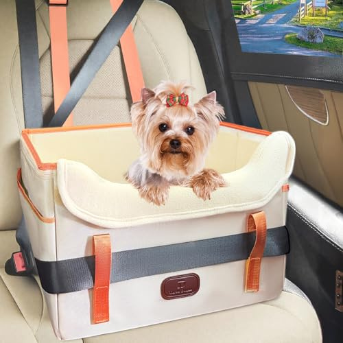 ThreeDokke Asiento de Coche para Perros Pequeños, Elevado Estable, Impermeable y Plegable con Correa de Seguridad Delanteros y Traseros