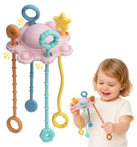 ROWFEN Montessori Silicone Pull String Toy – Sensory Skills Development | 100% food-grade silicone with textured ropes. Soft-press buttons. Portable travel design. Easy to Clean. Pink.