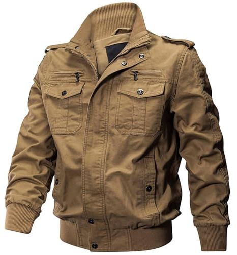 Jinsha Men's Smart Casual Cotton Classic Jacket Fall Hiking Climbing Zipper Military Transition Bomber Jackets for Men UK Multi Pockets Outdoor Windproof Coat Work Cargo Outerwear Khaki XL