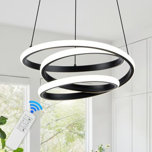 Mayful Modern Chandelier with Remote Control, 3-Color Dimmable LED Pendant Light Fixtures, Height Adjustable Kitchen Island Lighting for Dining Room,Bedroom,Living Room,Foyer,Office Black 13.78 inches