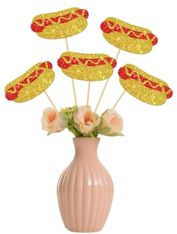 Hotdog Centerpiece Sticks - Hotdog Bar Fast Food Party Centerpieces - Baby Shower Bridal Shower Birthday BBQ Wedding Fiesta Party Table Decorations - Glitter Gold Red 12 PCS