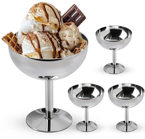 XJJAUGKLY Bicchieri per gelato in acciaio inox, 200 ml, 4 ciotole da dessert con base (Ø 10 cm) per gelato, yogurt, macedonia di frutta e budino, eleganti ciotole Sundae, ideali per matrimoni, feste