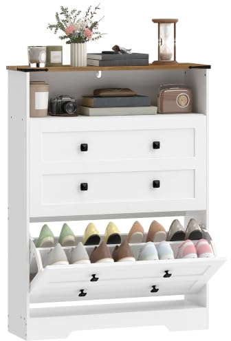 HOMCOM Narrow Shoe Cabinet with 2 Flip Drawers Adjustable Shelves White