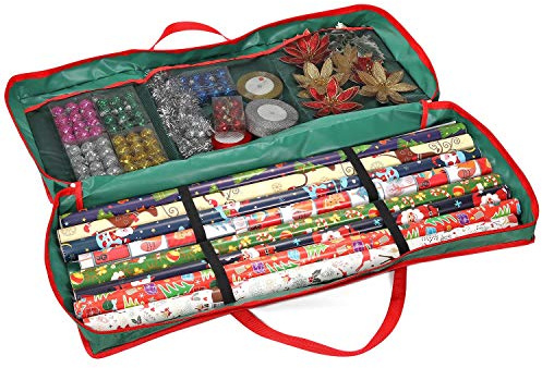 Vinsani® Christmas Xmas Decoration Gift Wrap Fabric Storage Bag Large Waterproof Accesories Décor Organiser (83 x 35 x 14 cm) for Wrapping Paper Rolls, Tags & Bows - Green