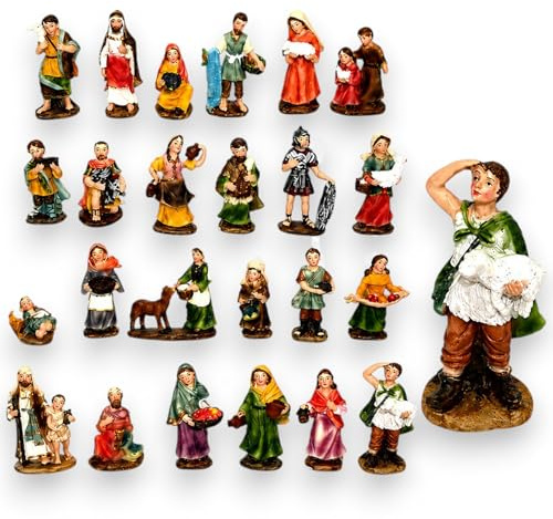 Aurora Store Set 24 Statue Presepe economiche per Realizzare Presepi di Natale Napoletano Statuine Pastori in Resina dipinte a Mano Personaggi Mestieri Contadini Figure Diverse 7 8cm