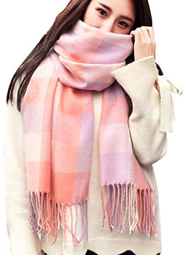 heekpek Damen Kariert Oversized Kaschmir Schal Lange Winterschal Weich Wraps Groß Karo Fransen Schal Warm Schal für Herbst Winter, Rosa lila