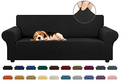 KEKUOU Stretch Sofa Cover Slipcover ,Couch Covers for 3 Cushion Couch Sofa pet Friendly (78-94) Furniture Protector Sofa with Elastic Bottom for Kids,Dog, Jacquard Small Checked(Large,Black)