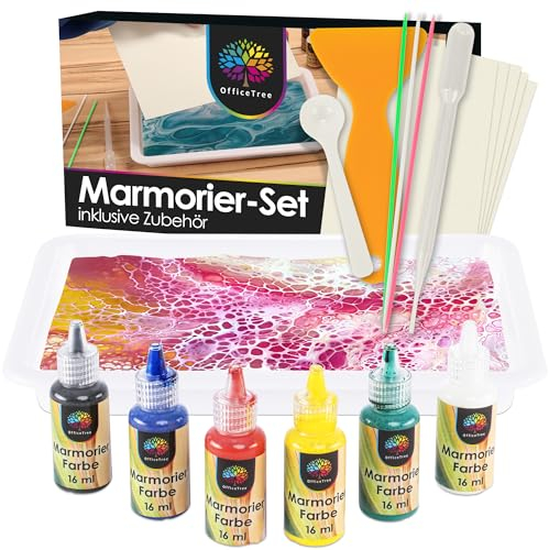 OfficeTree 6 x 16 ml Set pour peinture effet marbre avec accessoires - Set de peinture à l'eau - Set Marbling Paint - Set de peinture à l'eau marbrée pour la décoration de papier et cartes postales