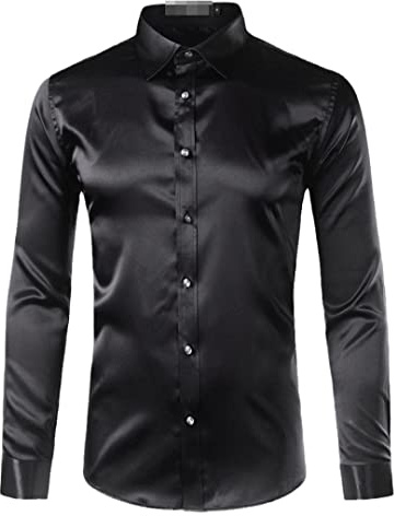 Camisa de esmoquin de satén de seda para hombre, camisa de vestir informal de negocios, ajuste delgado, dorado, brillante, negro, asiático, XL