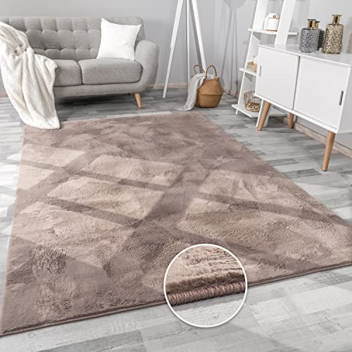 Paco Home Hochflor Teppich Wohnzimmer Flauschig Fellteppich Kunstfell Plüsch Shaggy Weich Fellimitat, Grösse: 120x160 cm, Farbe: Taupe
