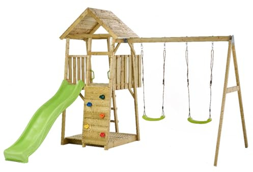 Kangui Aire de Jeux portique en Bois WOODI - Double balançoire, Toboggan, Mur d'escalade, bac a Sable, cabane, échelle