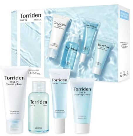 Torriden DIVE IN Probe-Set | Tägliches Hautpflege-Set mit Hyaluronsäure - 4-Stufen-Pflegeroutine mit Reinigungsschaum, Gesichtswasser, Serum und Creme | Koreanisches Skincare-Set