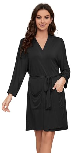 HEARTNICE Robes for Women Lightweight Short Knit Kimono Knee Length Bathrobe for Womens Soft 3/4 Sleeves Summer Sleepwear(Black,M)