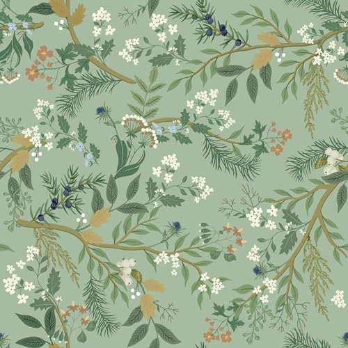 CHDITB Green Leaves Wallpaper, Vintage Plants Flower Wallpaper, Floral Wall Paper (44x300cm), Light Green, Self-Adhesive, Peel and Stick, for Living Room, Bedroom, Bathroom