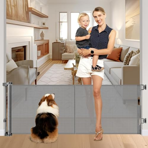 Reinforced 28-Inch Tall Retractable Baby Gates for Doorways, Walk Through Pet Gate for Stairs, Short Baby Gate with Support Rods, 55 Inch Wide Mesh Gate Retractable Gate Small Dog Gate, Gray