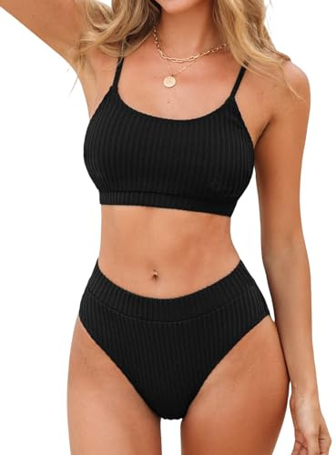CUPSHE Women's Bikini Set Two Piece Swimsuit High Waisted Scoop Neck Knit Black Swimwear S