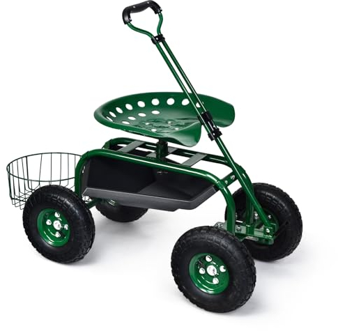 GOPLUS Gartenwagen, 360° drehbarer Gartensitz mit ausziehbarem Griff, Gartenhocker mit Ablage & Korb,Sitz höhenverstellbar, bis 150 kg belastbar, Rollsitz für Gartenarbeit (96,5 x 48,5 x 45,5-54,5 cm)