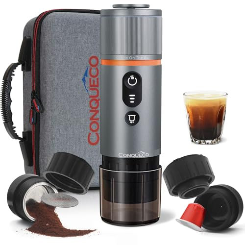 CONQUECO Portable Espresso Machine Travel: 12v Car Coffee Maker with Battery for Camping - Small Electric - 2.5 Mins Heating - Set With Ground Coffee & NS Capsule & Handbag for RV, Hiking, Office