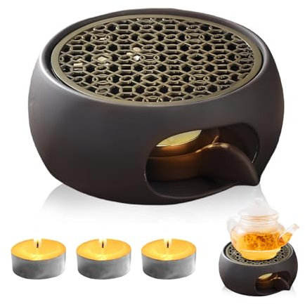 Keramik Stövchen für Teekanne – Schwarzes Porzellan Teewärmer mit hohlem, geschnitztem Design und 3 kleinen Kerzen – Ideal zum Erhitzen von Tee