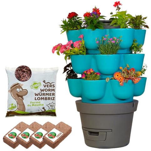 Moutta | WORMgarden Turquoise 3 jardinières + 500gr de vers de Compost | Jardin Potager Vertical avec lombricomposteur | Cultivez Vos Fruits et légumes | Créez Votre Potager et recyclez Vos déchets