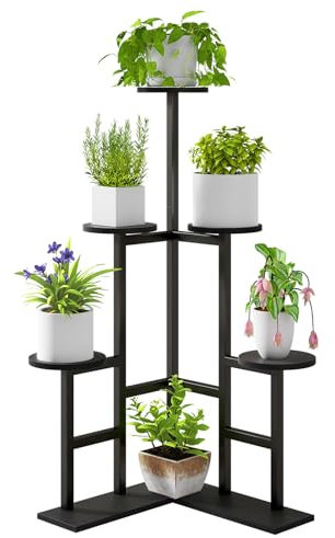 IBUYKE 6 Niveaux Support de Plante en Métal Bois, 108cm de Haut Étagère d'Angle pour Pots de Fleurs Interieur, Porte Plantes d'Intérieur pour Terrasse Balcon Jardin Salon, Noir TMJ072B