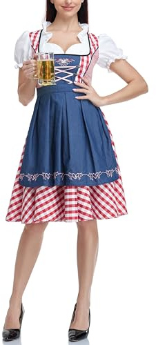 ZNLFS Women's Oktoberfest Dirndl Costume Maid Plaid German Beer Festival Cosplay Bavarian Dress Halloween Fancy Dress Carnival Outfits (Blue, M)