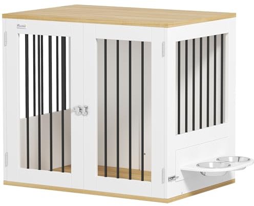Pawhut Cage pour Chiens, Table d'appoint, Meuble Cage Chien intérieur, maisonnette pour Animaux avec gamelles Amovibles et rotatives à 360°, 2 Portes, pour Taille Moyenne, Blanc