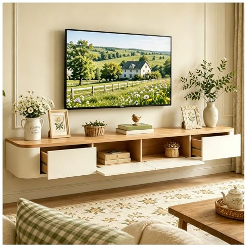 JUNFUNNLE TV Cabinet Hanging 240 cm Beige Modern TV Lowboard Hanging with Drawers and Storage Space, Wall Mounted Media Console, Cable Management High-Quality