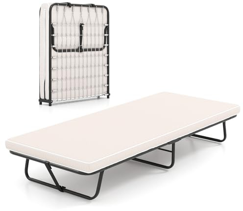 COSTWAY Brandina Pieghevole con Materasso, in Memory Foam, Lettino Pieghevole Robusta e Molle Resistenti, Made in Italy, 190 x 80 cm, Carico 120kg (Stile 2 Beige)