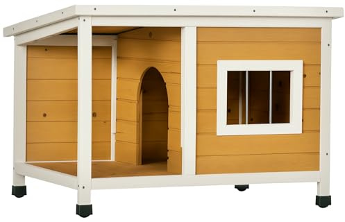 PawHut Cuccia per Cani da Esterno Rialzata con Veranda Coperta e Tetto Inclinabile, Cuccia da Esterno per Cane in Legno di Abete, 85.5x62x60 cm, Multicolore