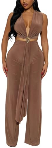 MLSHWUG Completi Pantaloni Donna Moda Top Senza Maniche Con Collo A Halter E Pantaloni A Vita Alta,Marrone,L