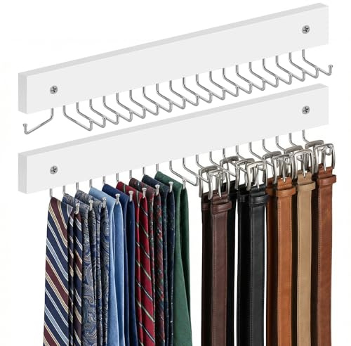 Oqqlin 2 Pcs Tie Rack Wall Mounted, Wooden Tie Belt Organizer with 40 Hooks Non Slip 180 Degree Space Saving Hangers with Screws for Ties, Keys, Scarves, Tops, Belt, Bags (White)