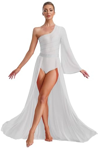 Choomomo Robe Classique Manches Asymétrique Femme Robe Danse Lyrique Strass Justaucorps Ballet Tenue Danse Contemporaine Dancewear S-XXL