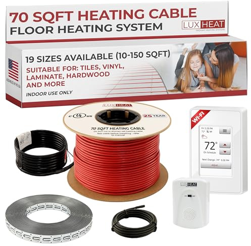LuxHeat 70sqft Floor Heating Cable Kit - 120v Underfloor Heating System - Heated Flooring System Includes UWG4 WiFi Programmable Thermostat w/GFCI, Heated Floor Cable, Strapping, Sensor & Alarm