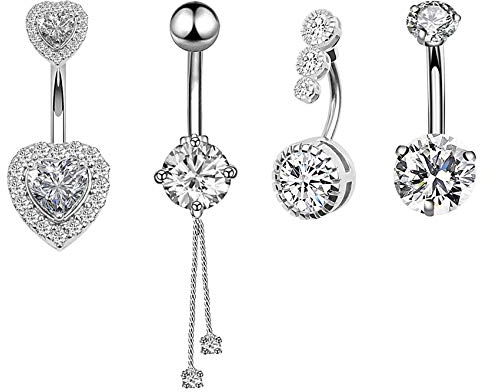 Hywean Bauchnabelpiercings, 4 Stück Silber 316L Chirurgenstahl CZ Bauchnabelpiercings mit Dangle Zirkonia Curved Piercing Schmuck Barbells für Frauen Mädchen
