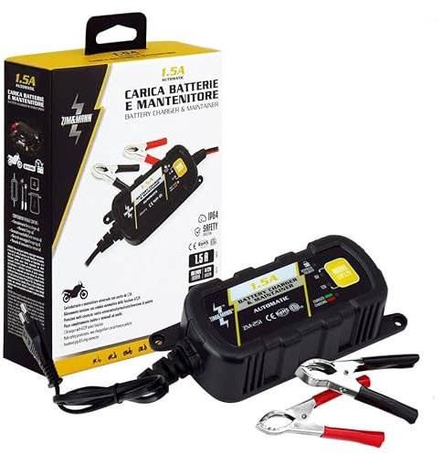 ZIM&MANN Carica Batteria e mantenitore per Moto per batterieLEAD-Acid, Incluse Le batterie Wet, MF, AGM e Gel. 1,5A in 100-240V out 6V/12V