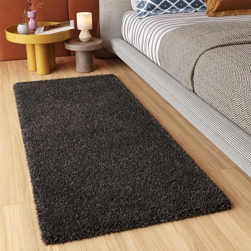 TAPISO Essence Teppich Läufer Flur Brücke Shaggy Hochflor Langflor Schwarz Einfarbig Weich Modern Design Korridor Schlafzimmer ÖKOTEX 80 x 200 cm