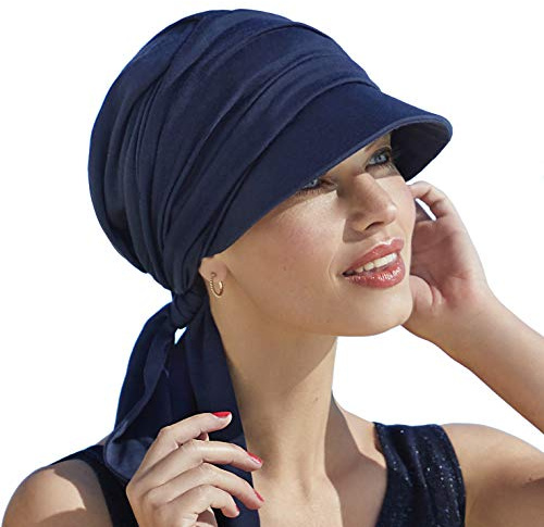 Gorra oncológica drapeada de algodón con Visera y protección Solar índice 50+ para Mujeres en Tratamiento con quimioterapia (Azul Oscuro)