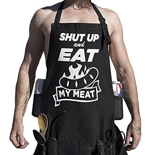 Nowhere America - SHUT UP AND EAT - Dirty Funny Trashy Sexy Nasty BBQ Apron - 100% Canvas - 5 Pockets - 4 Tool Loops - 2 BEER HOLDERS