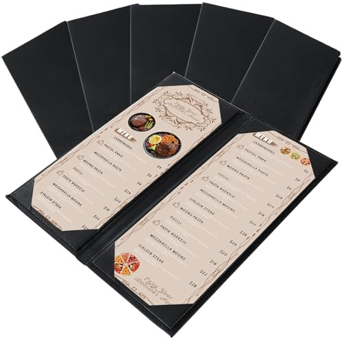 FLKQC Menu Covers 4.25 x 11 – 5 Pack 2 View Black PU Leather Restaurant Menu Holders, Double Panel with Angled Corners for Food Menus, Wine Lists & Drink Specials & Cocktail, Perfect for Parties
